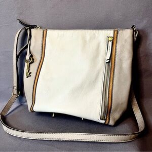 Fossil, Tara Leather Crossbody Bag, Cream/Yellow/Grey w/ Brass Key Emblem